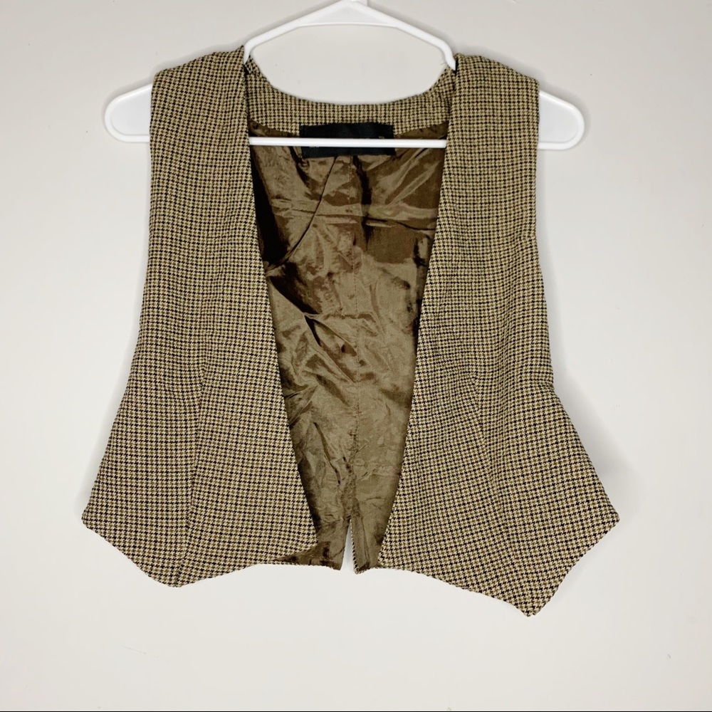 Zara Brown Tweed Plaid Open Vest Sz M